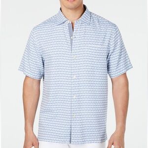 Tommy Bahama 100% Silk Camp Shirt Men Large White Blue Stripe Geovanni Button Up